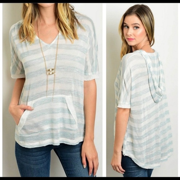 Mon Belle Amour Tops - Ivory /Aqua Striped Hooded Top